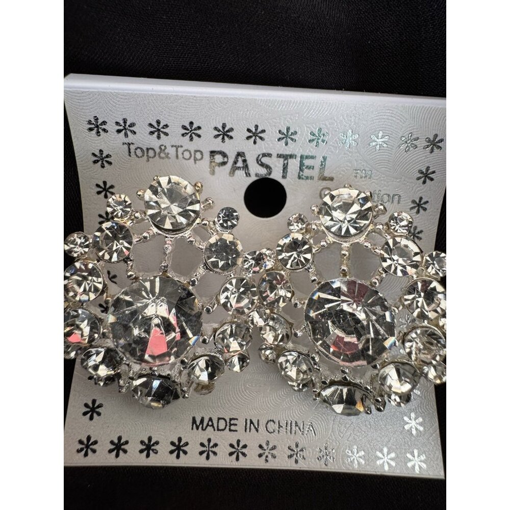 Pastel Curved CZ Stone Crystal Silvertone Rhinestone Earrings Party NEW